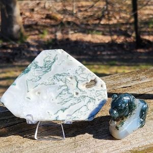 2pc Moss Agate tiger carving and slice - natural stones